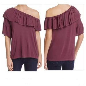 PAIGE Pax Ruffled One Shoulder Shirt Mauve Wine